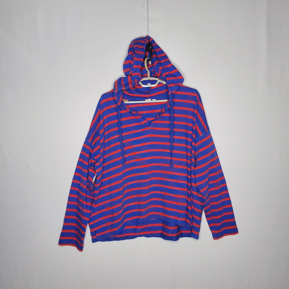 Gap Hooded Stripe Top Women XL Blue Red Cotton Preppy Oversized Nautical Sailing